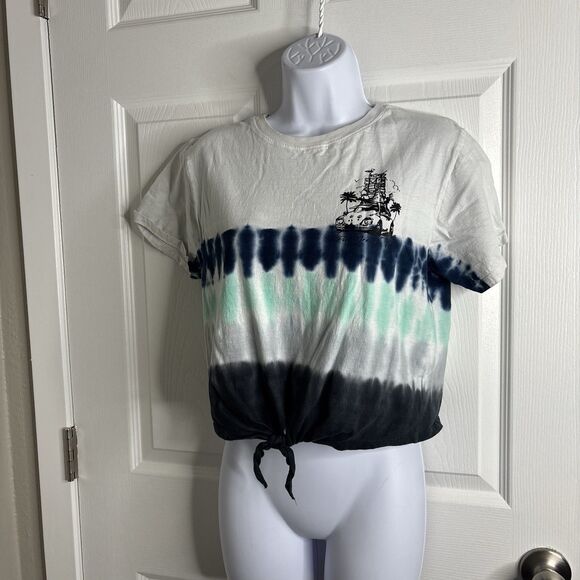 Tie-Dye Tops - Bloom + Pop L Tie Dye Crop Tee White Blue Green Beach Graphic Tie Front